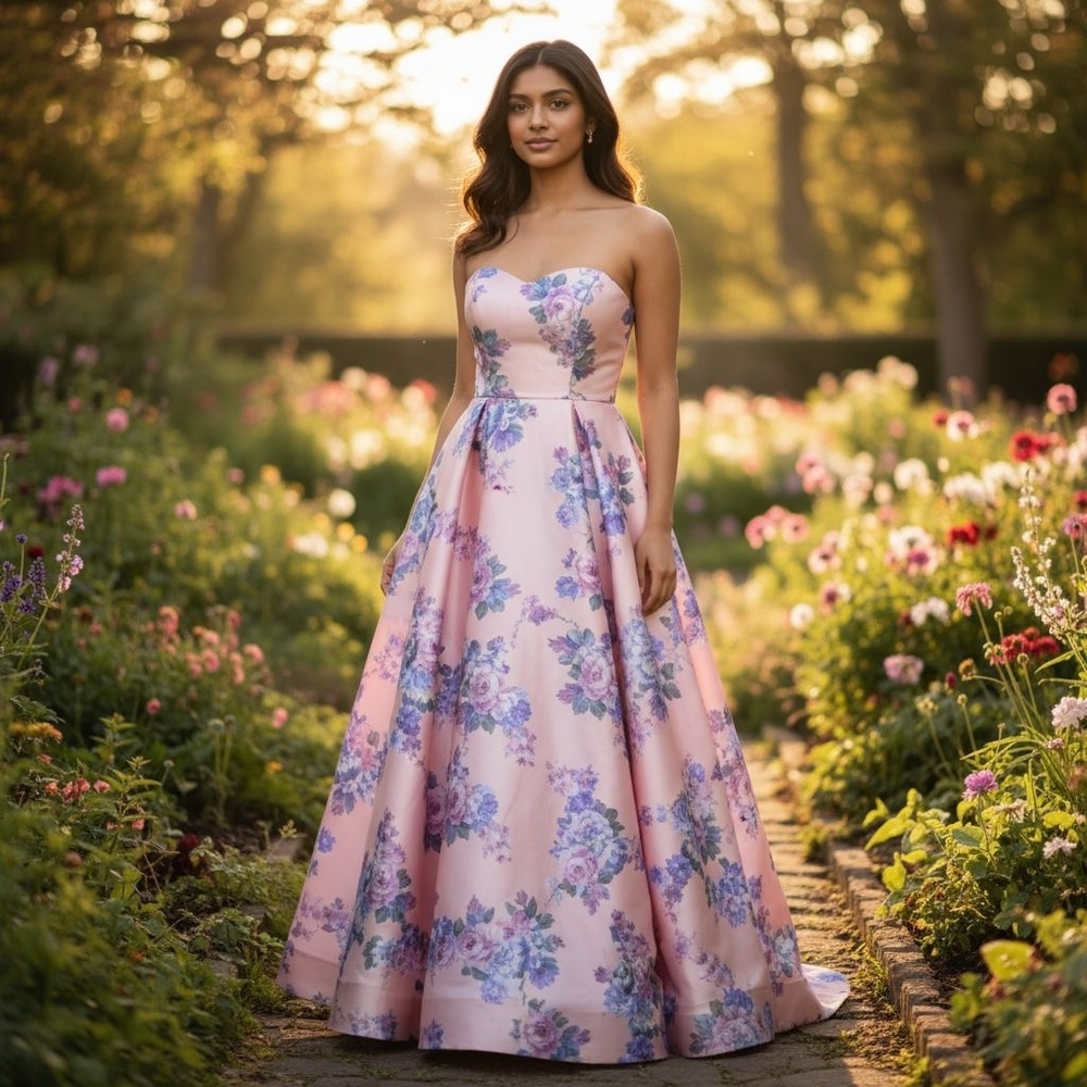 Teeze Me Womens' Floral Print Sweetheart Formal Gown, Pink, Size 1